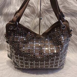 TAUPE RHINESTONE GRID DESIGN FASHION HANDBAG